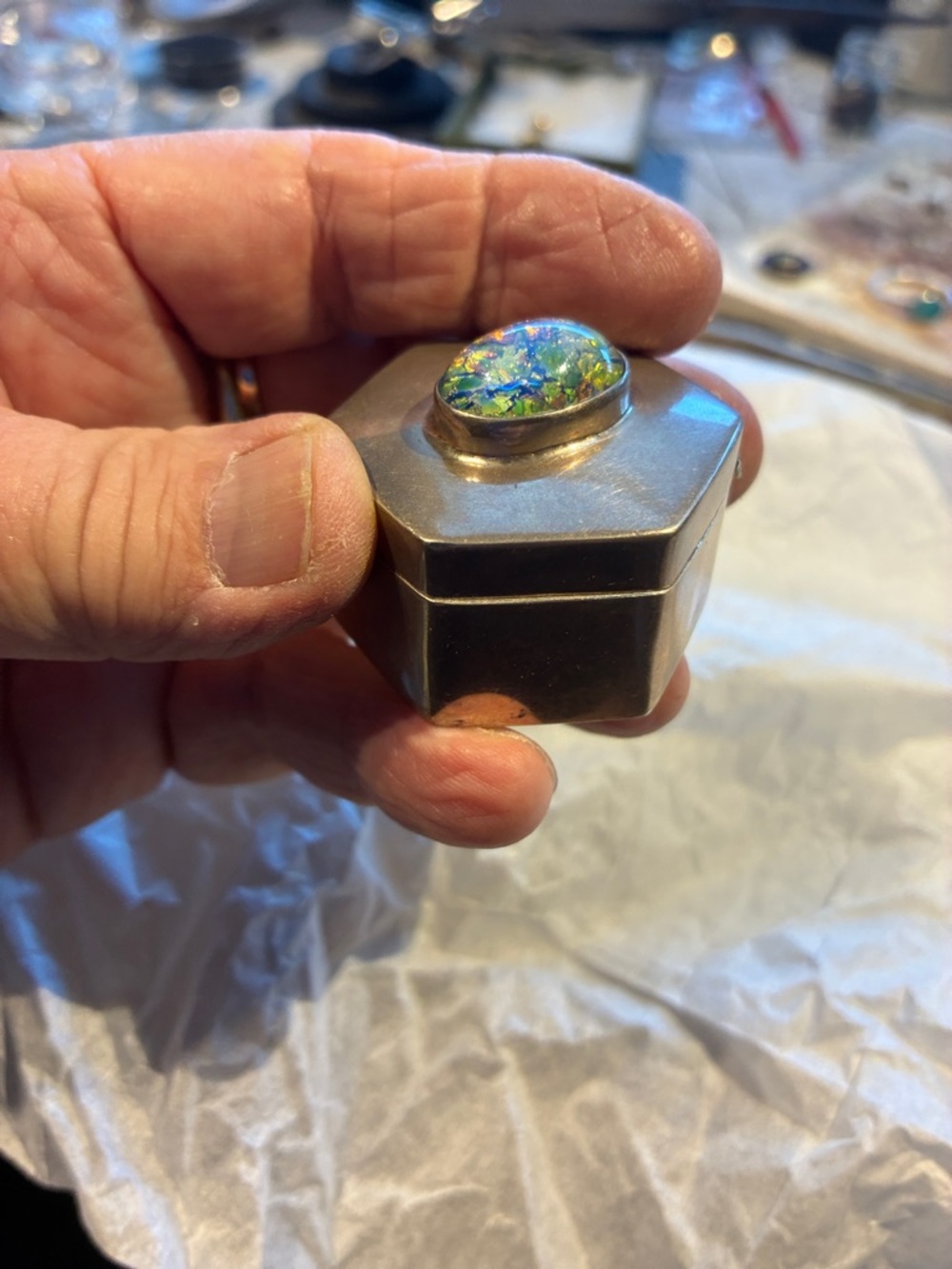 Hexagonal Sterling Silver Trinket Box with Colorful Glass/ Monarch Opal Cabochon